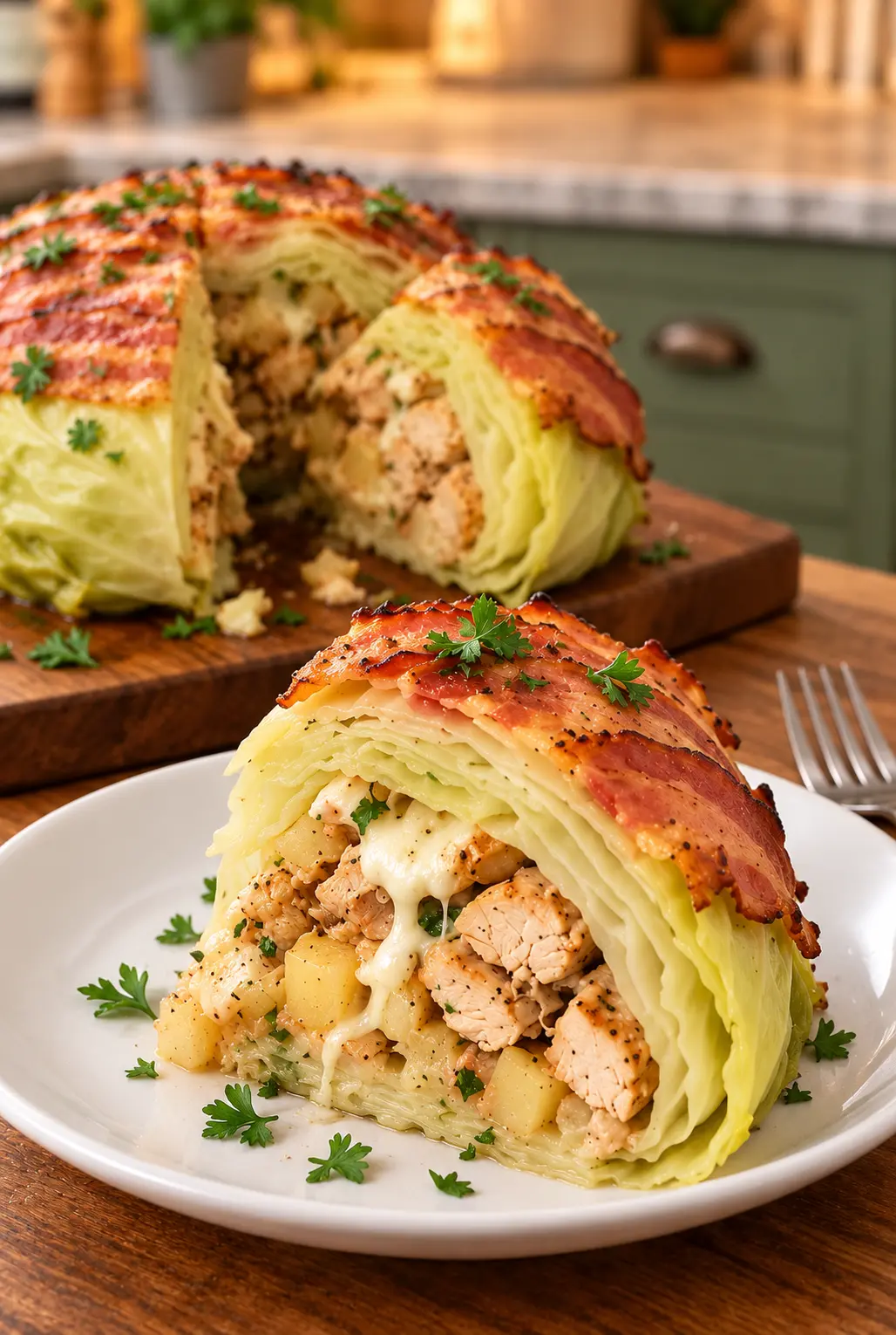 Bacon-topped stuffed cabbage wedge with chicken potato and mozzarella filling on a white plate