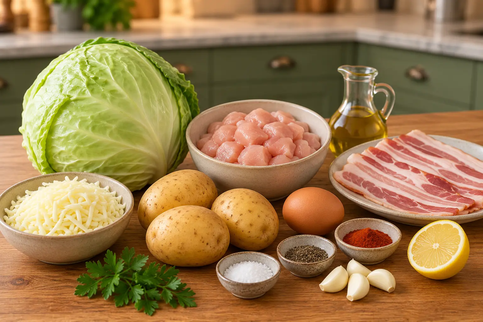 Whole cabbage, diced chicken breast, mozzarella, potatoes, bacon, egg, garlic, paprika, oil, lemon, and parsley