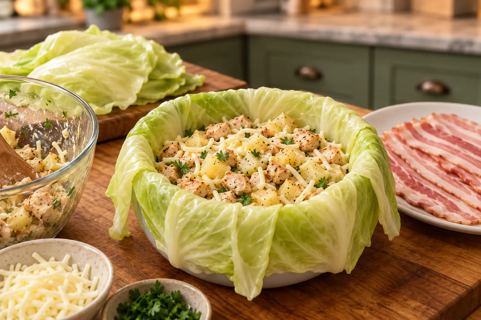 Bowl lined with cabbage leaves and filled with cooked chicken, potatoes, mozzarella, and egg binder