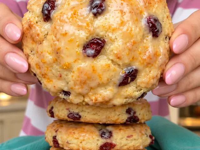 Round glazed cranberry orange scone held above a stack on a wooden board