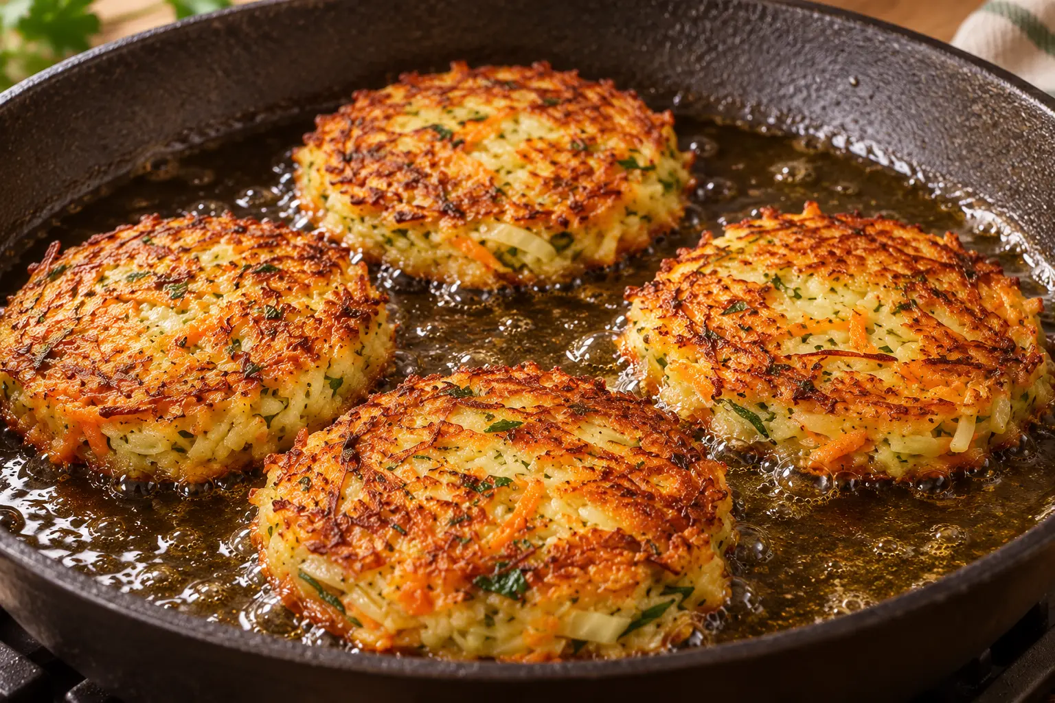 Golden cabbage and carrot fritters shallow-frying in a skillet