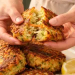 Hands splitting a golden cabbage and carrot fritter above a plate with lemon wedges