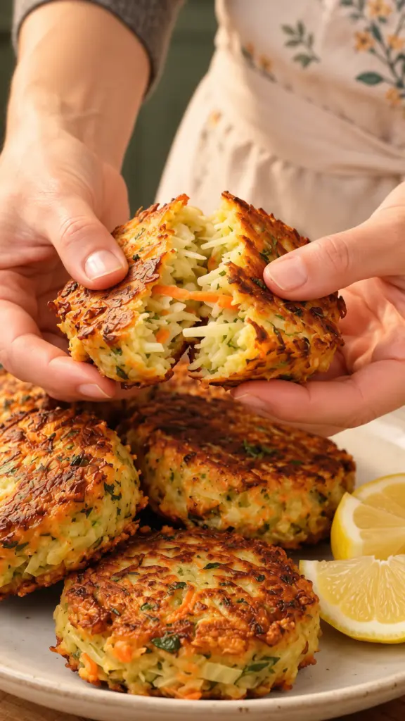 Hands splitting a golden cabbage and carrot fritter above a plate with lemon wedges
