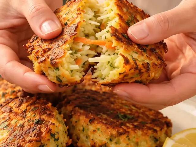 Hands splitting a golden cabbage and carrot fritter above a plate with lemon wedges