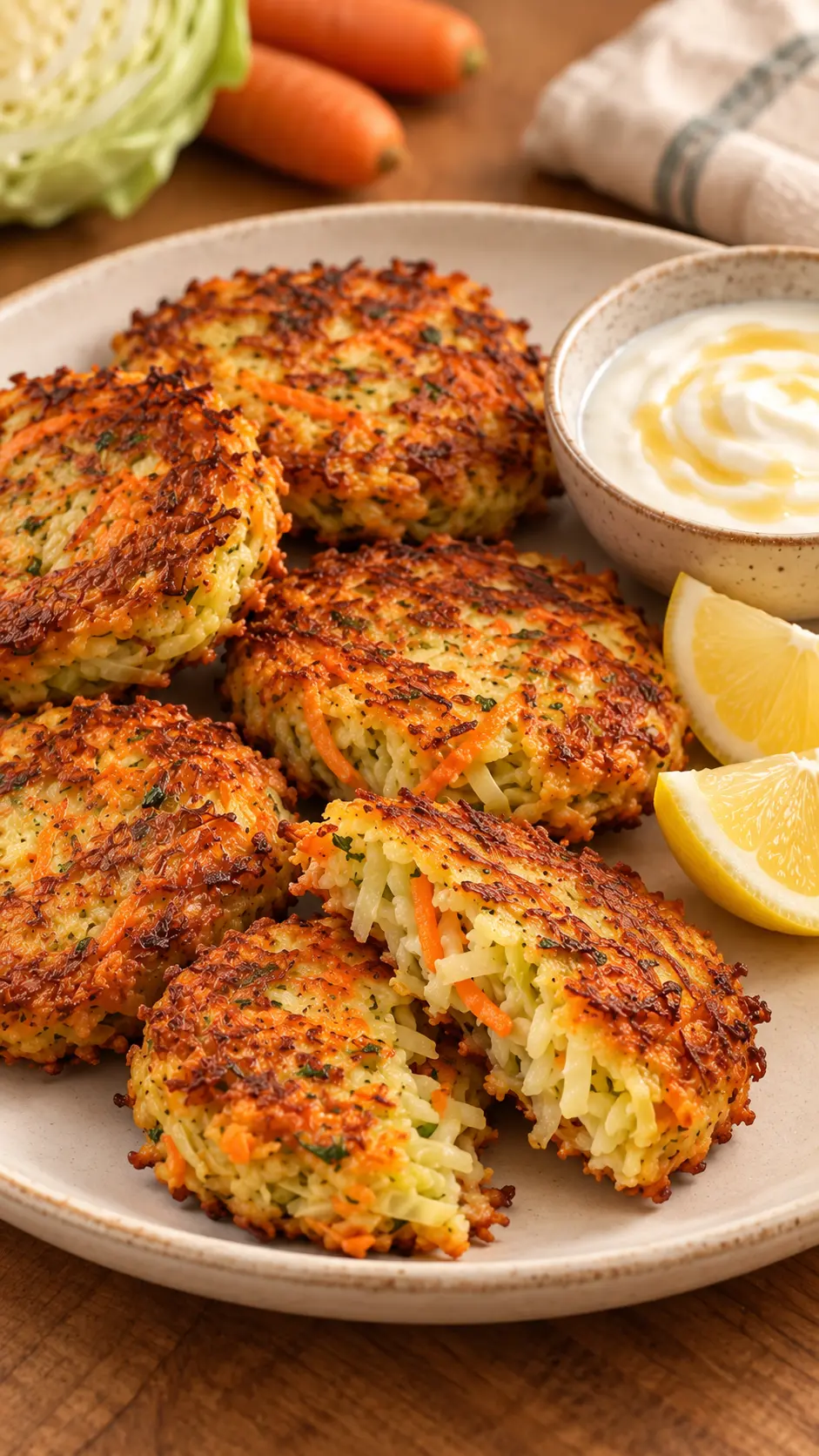Crispy cabbage and carrot fritters served with creamy honey-lemon sauce