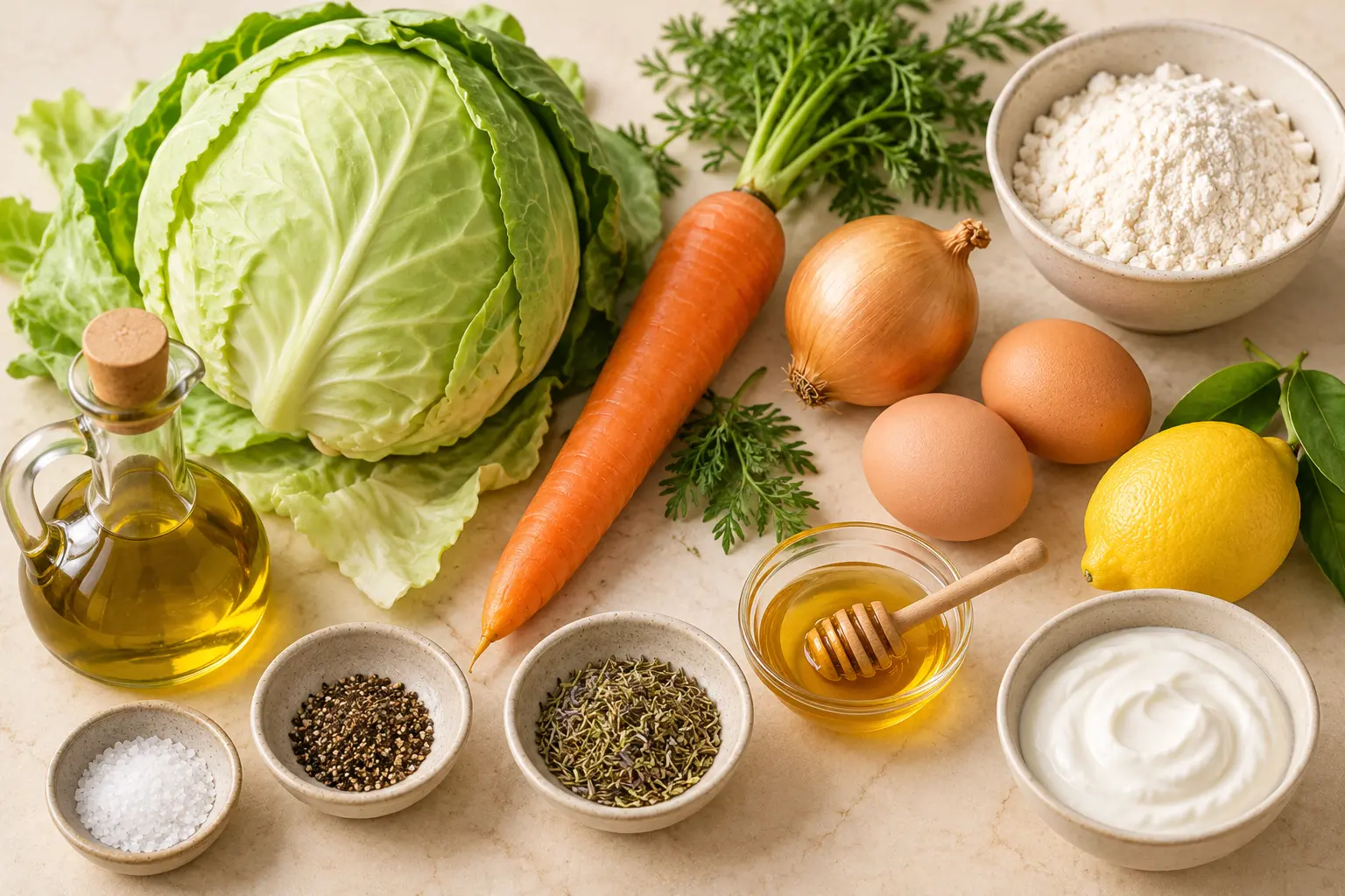 Cabbage, carrot, onion, eggs, flour, herbs, oil, honey, lemon, and yogurt for vegetable fritters