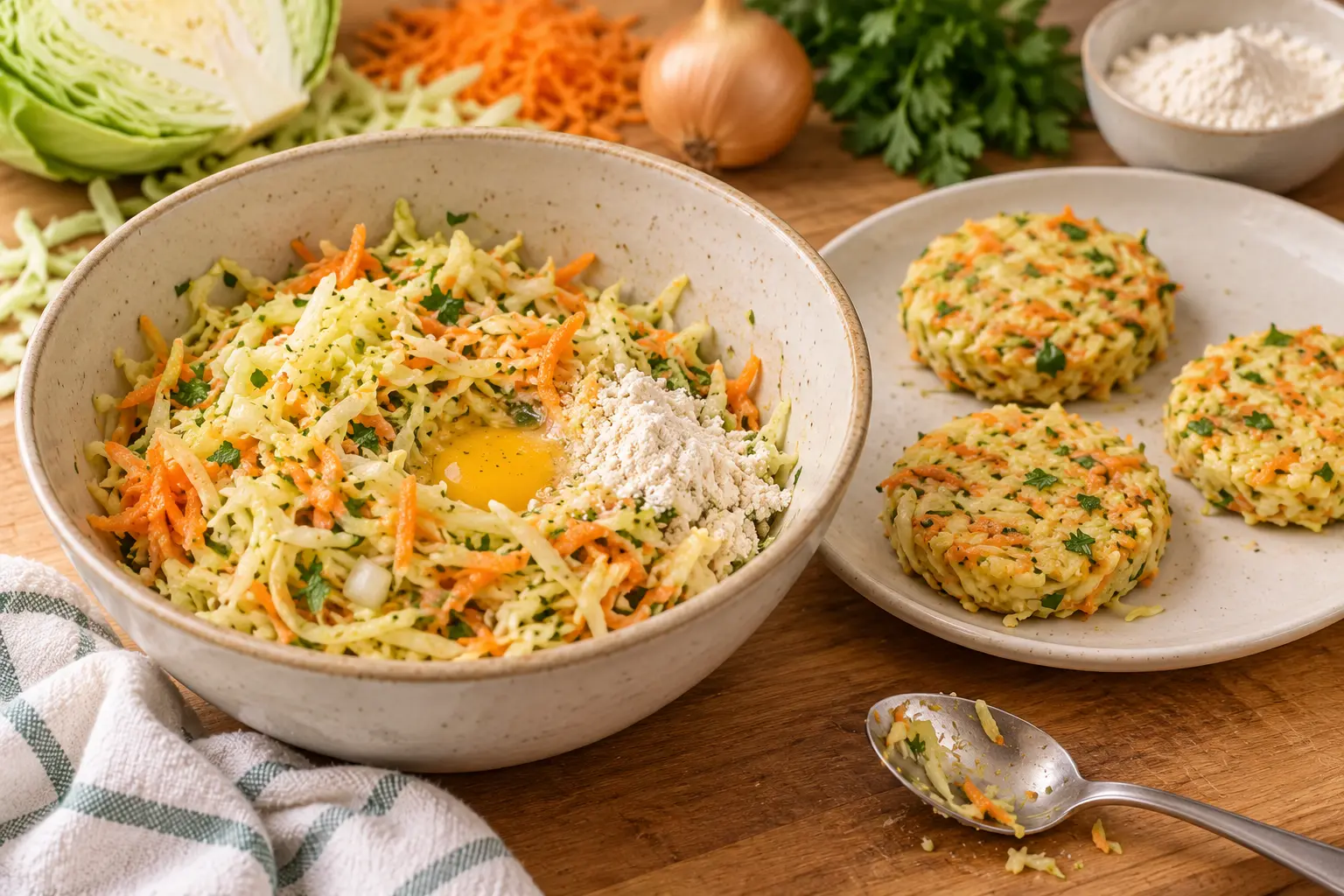 Shredded vegetables with egg and flour beside shaped raw cabbage and carrot fritters