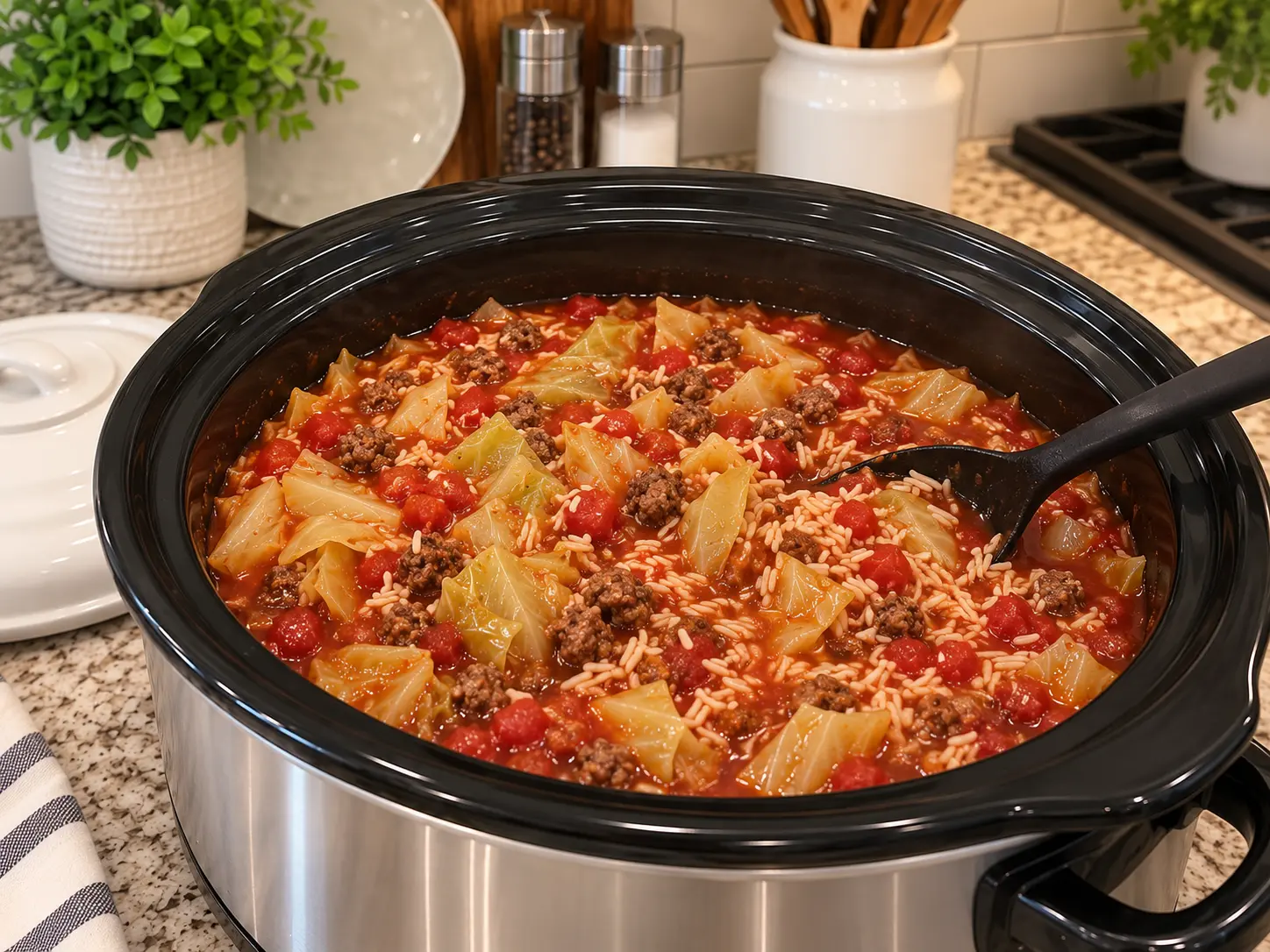White rice stirred into hot cabbage, beef, and tomato sauce during the final slow-cooking stage
