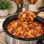 Spoon lifting cabbage, beef, rice, and tomato casserole from a stainless-steel slow cooker