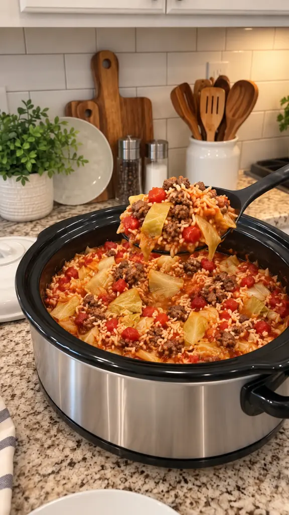 Spoon lifting cabbage, beef, rice, and tomato casserole from a stainless-steel slow cooker