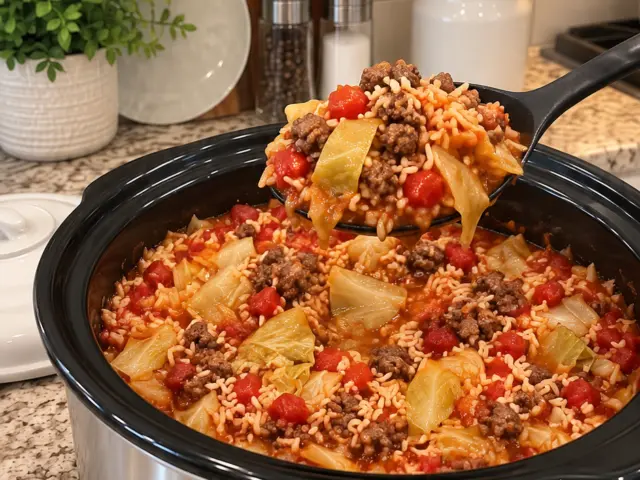 Spoon lifting cabbage, beef, rice, and tomato casserole from a stainless-steel slow cooker