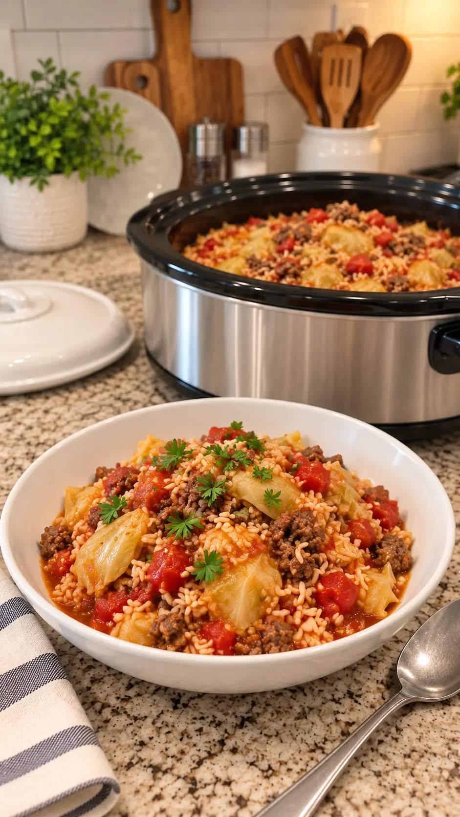 White bowl of cabbage roll casserole with beef, rice, tomatoes, and optional parsley
