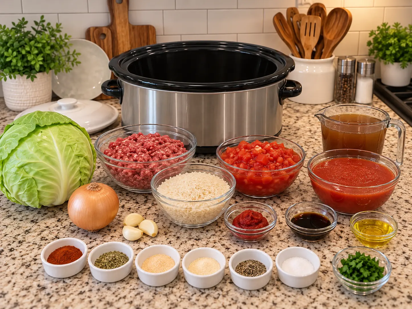 Cabbage, ground beef, uncooked rice, tomatoes, broth, onion, garlic, and seasonings for cabbage roll casserole