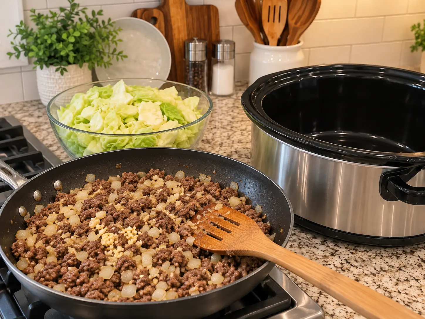Browned ground beef and chopped onion in a skillet beside chopped cabbage and a slow cooker