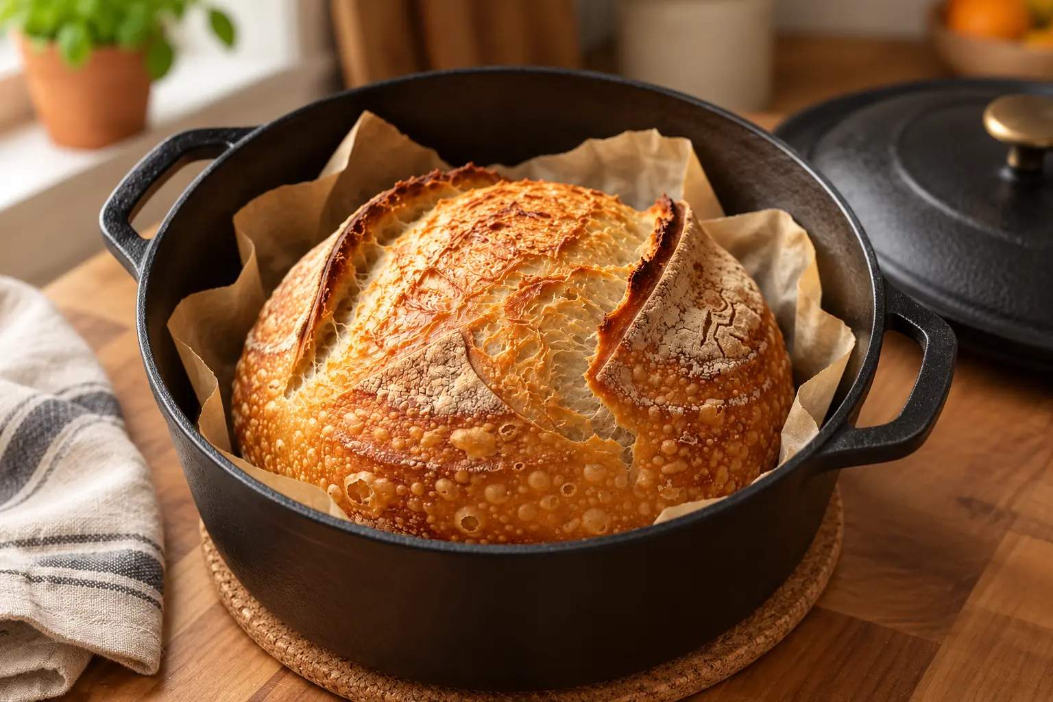 Golden sourdough boule baked on parchment in a cast iron Dutch oven