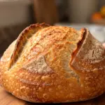 Round golden sourdough loaf with blistered crust and lifted scoring on a wooden board