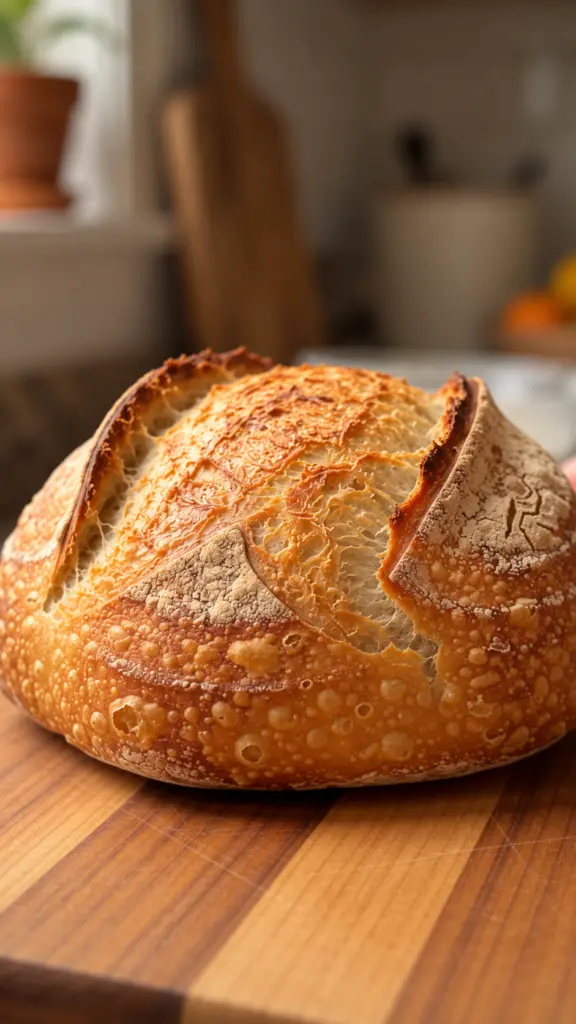 Round golden sourdough loaf with blistered crust and lifted scoring on a wooden board