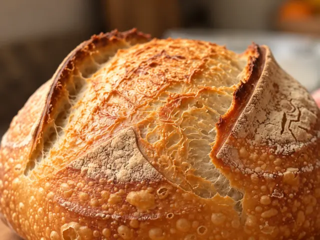 Round golden sourdough loaf with blistered crust and lifted scoring on a wooden board