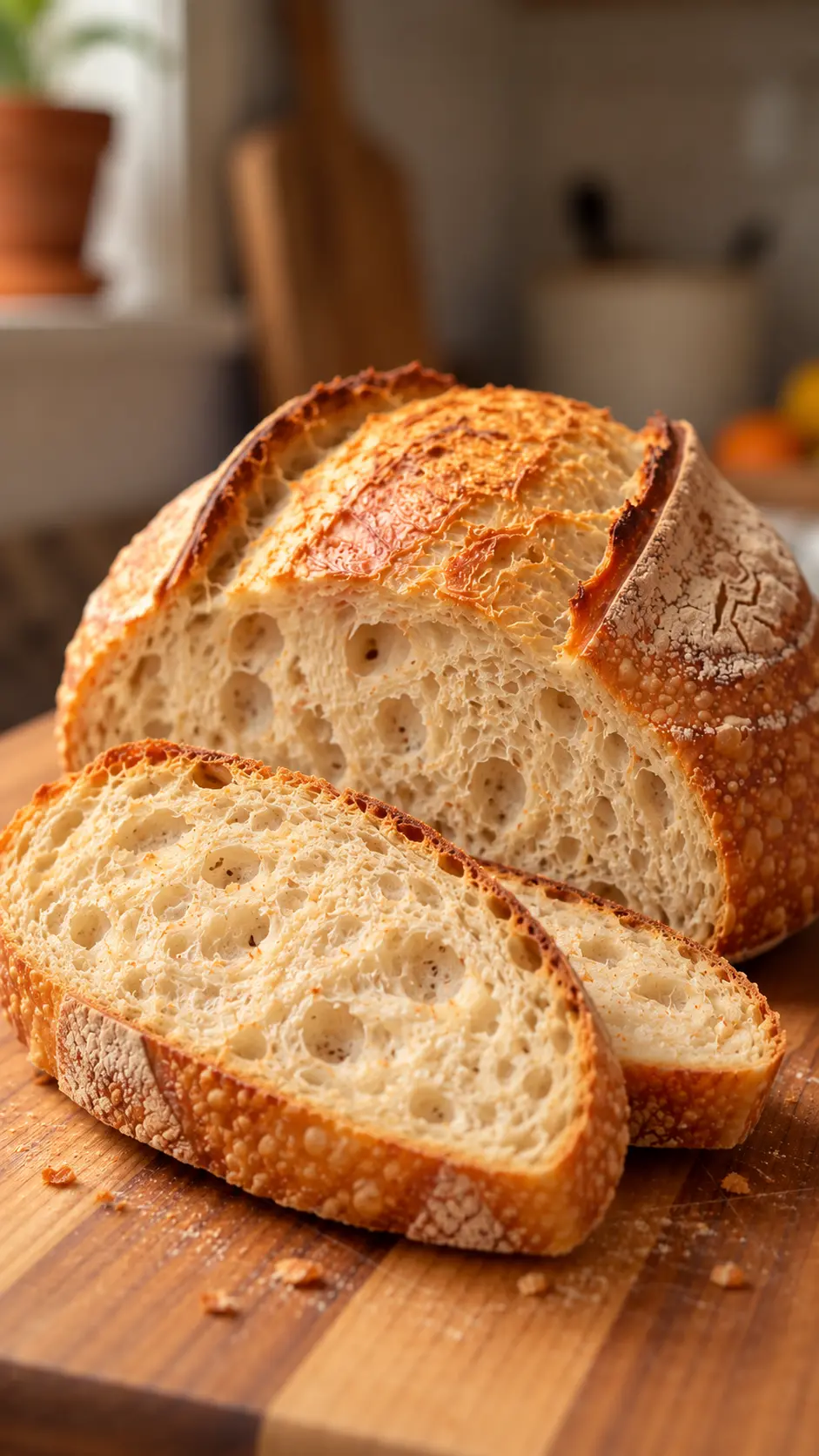 Sliced sourdough boule with a crisp golden crust and airy cream crumb