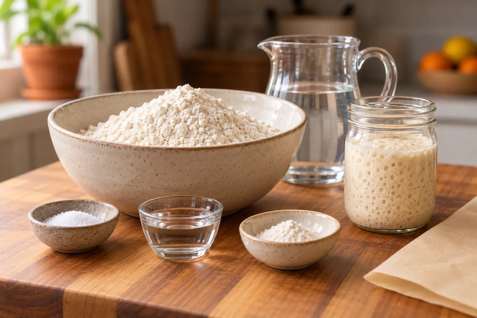 Bread flour, water, active sourdough starter, sea salt, rice flour, and parchment