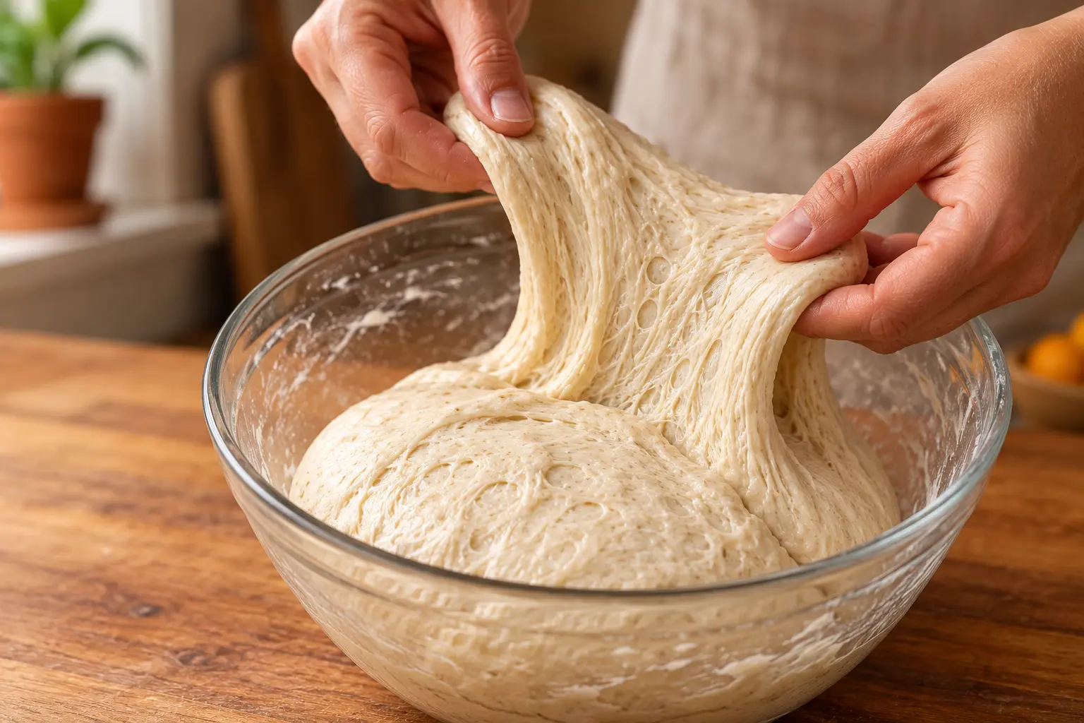 Hands gently stretching sourdough in a bowl during a folding round