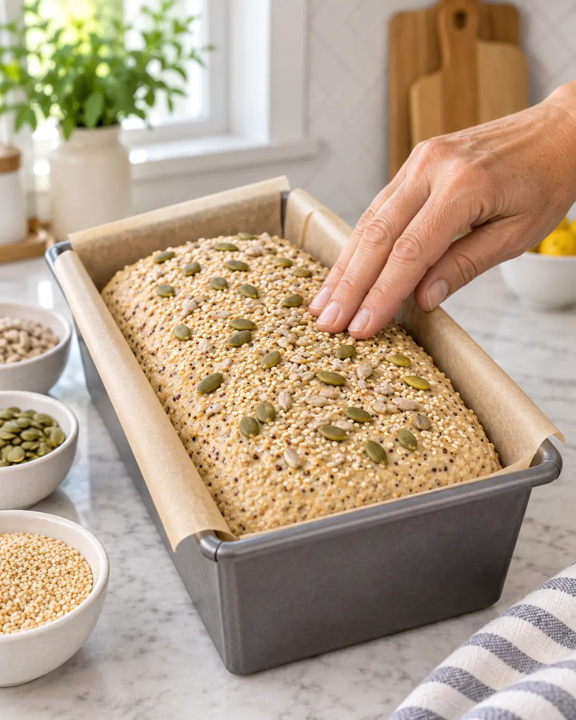 Seed-topped Quinoa Chickpea Bread batter ready to bake in a loaf pan
