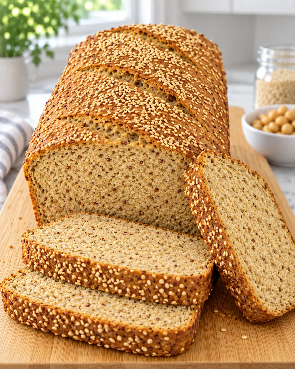Sliced Hearty Quinoa Chickpea Bread showing its tender crumb
