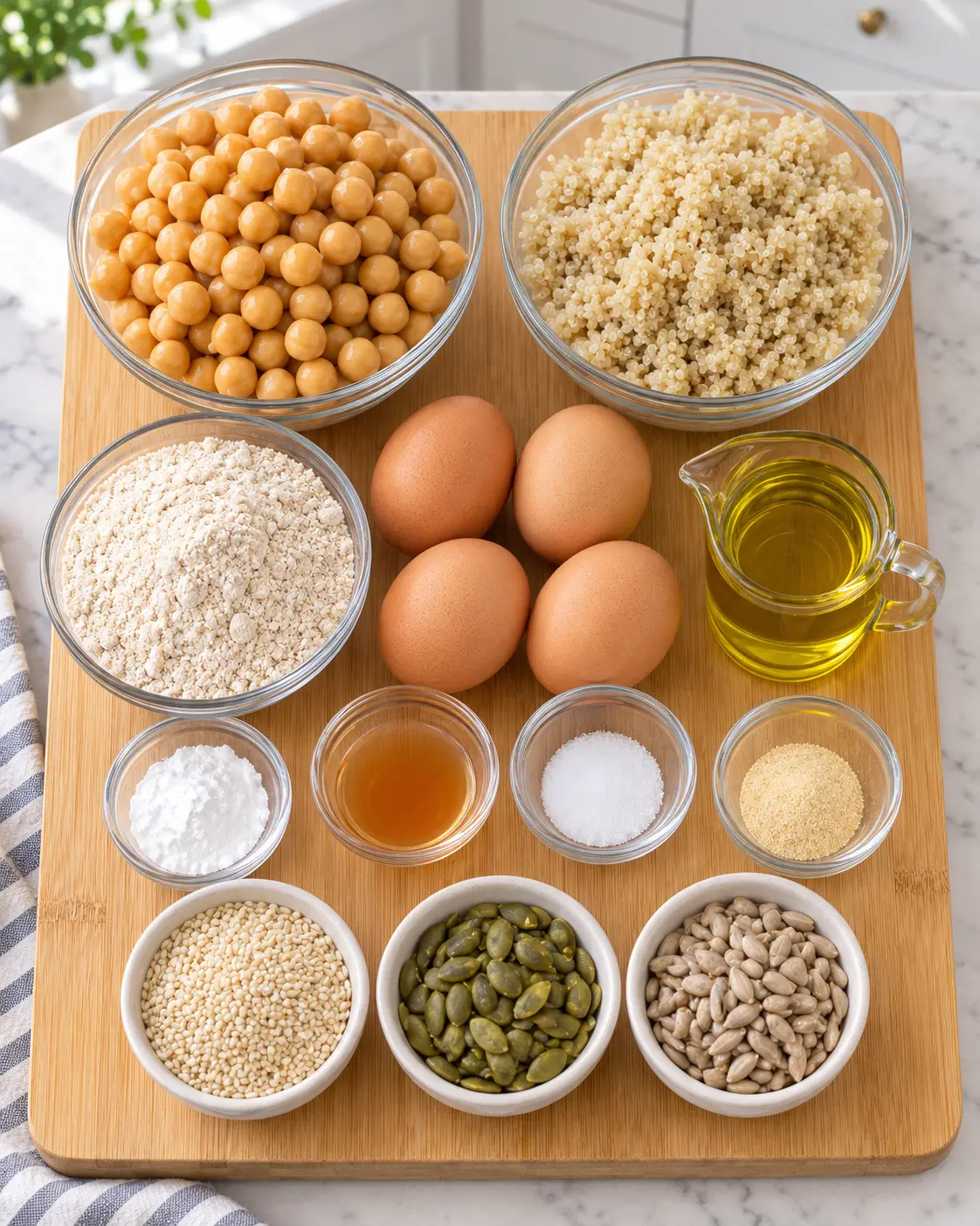 Chickpeas, quinoa, eggs, oat flour, seasonings, and seeds for bread