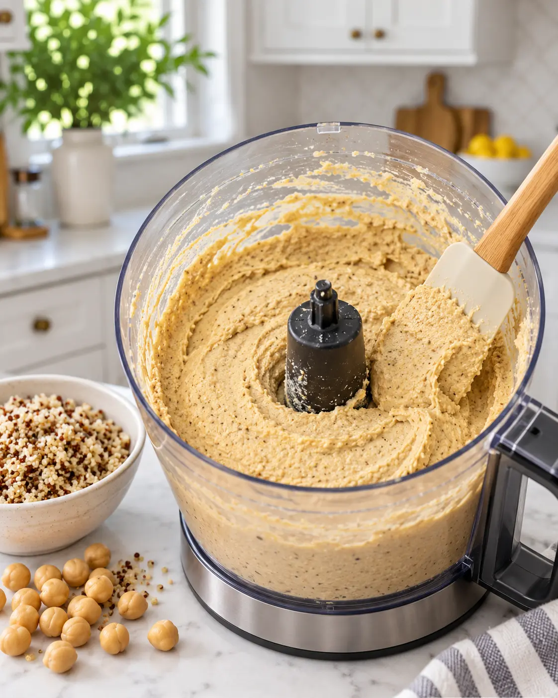 Thick Quinoa Chickpea Bread batter in a food processor