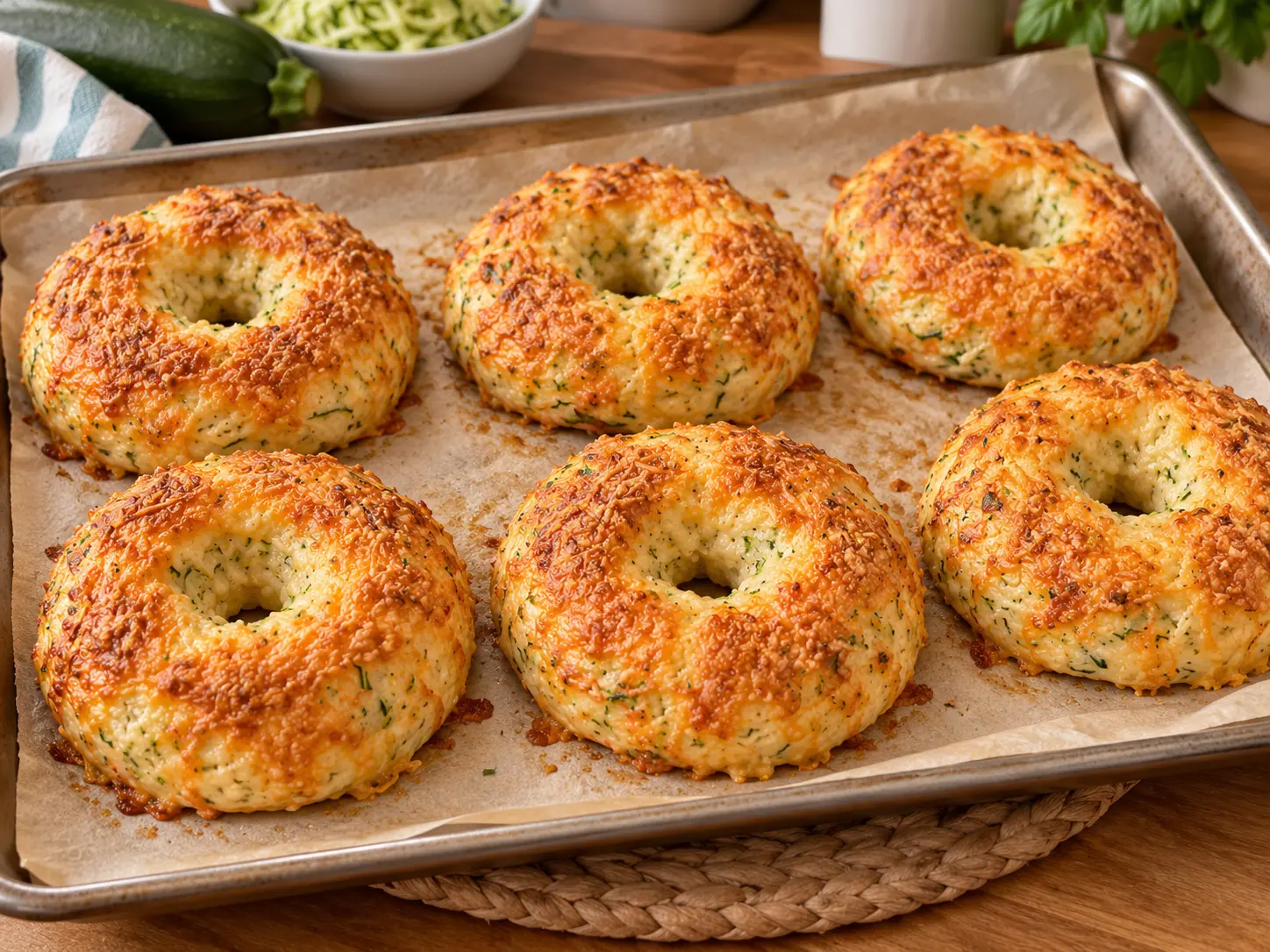 Six golden zucchini cottage cheese bagels with melted cheese on a parchment-lined tray