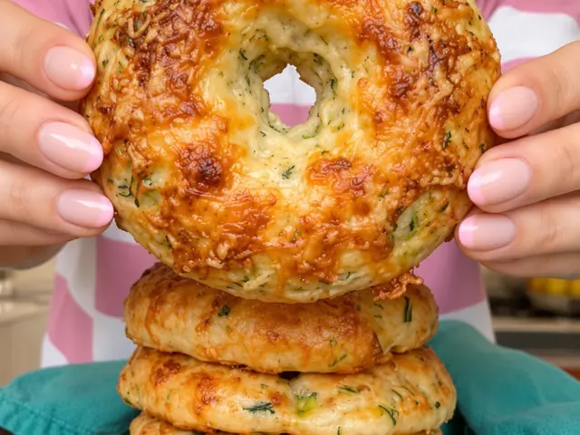 Golden cheesy zucchini cottage cheese bagel held above a stack on a wooden board