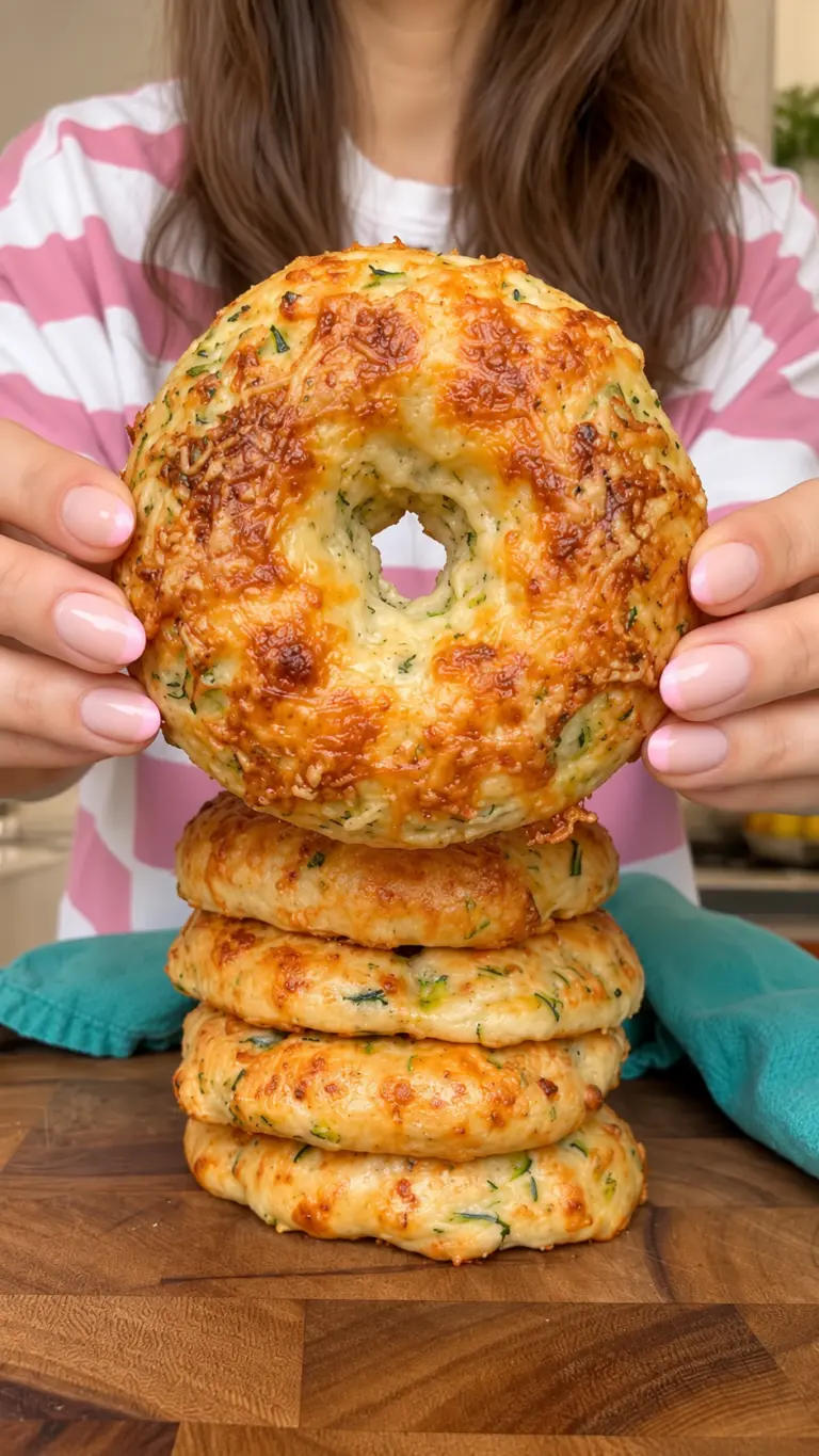 Golden cheesy zucchini cottage cheese bagel held above a stack on a wooden board