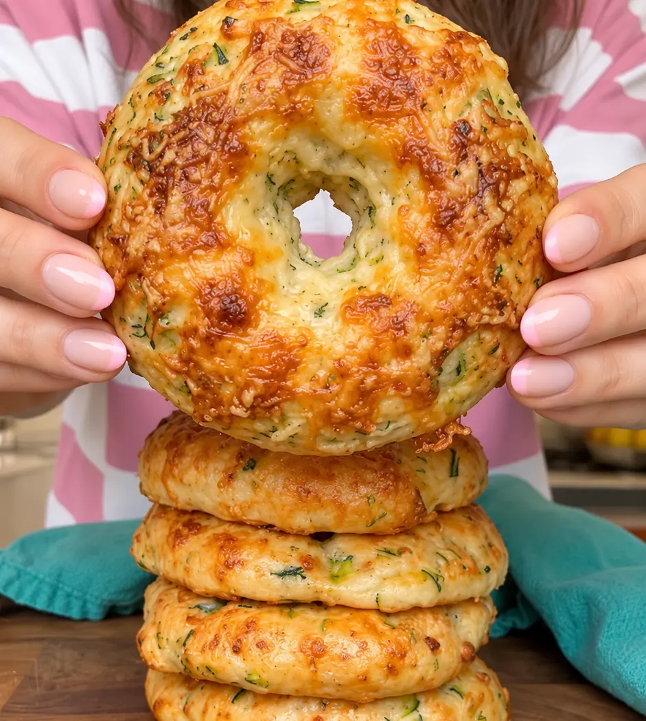 Golden cheesy zucchini cottage cheese bagel held above a stack on a wooden board