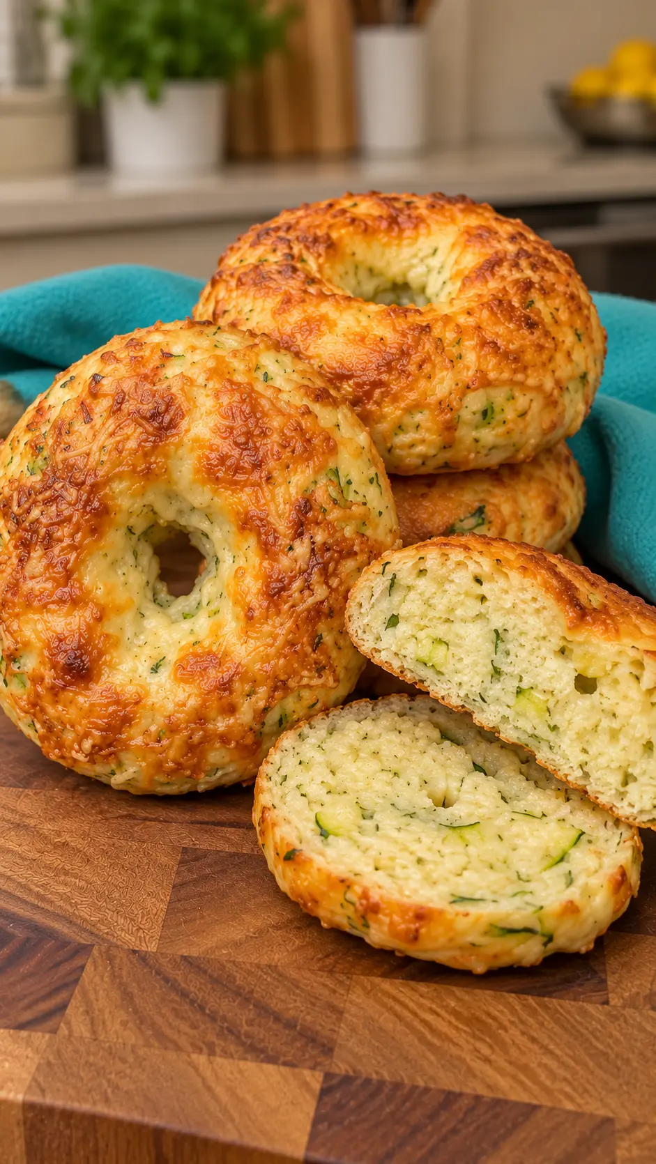 Cheesy zucchini bagels sliced to show their tender herb-flecked crumb