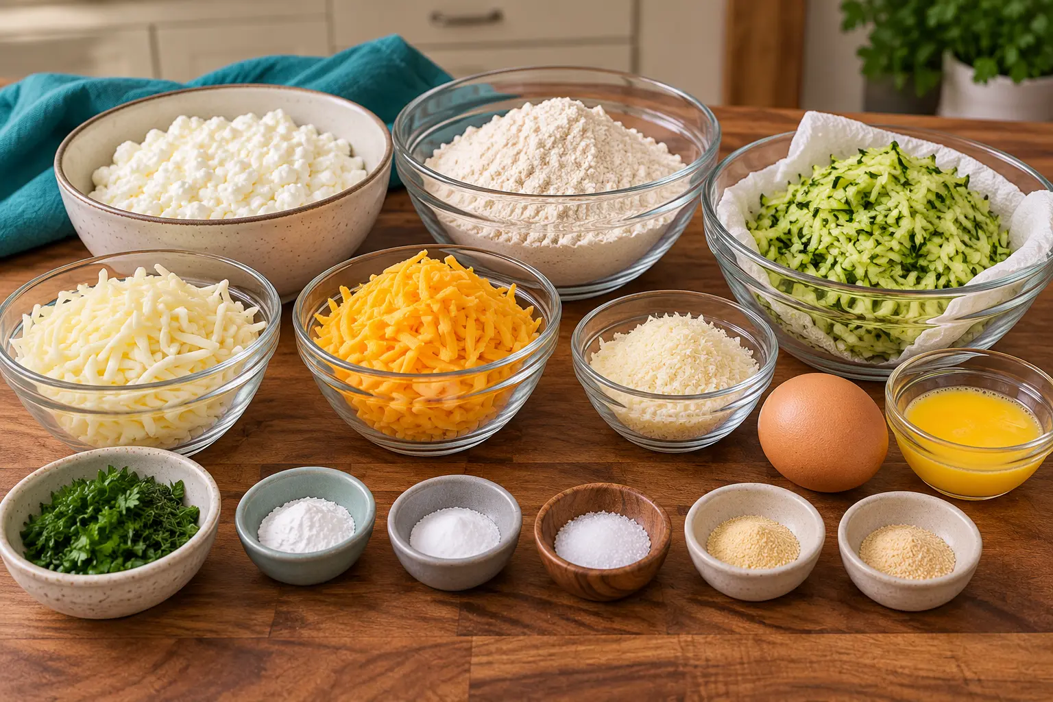 Cottage cheese, grated zucchini, flour, eggs, shredded cheese, Parmesan, herbs, and seasonings