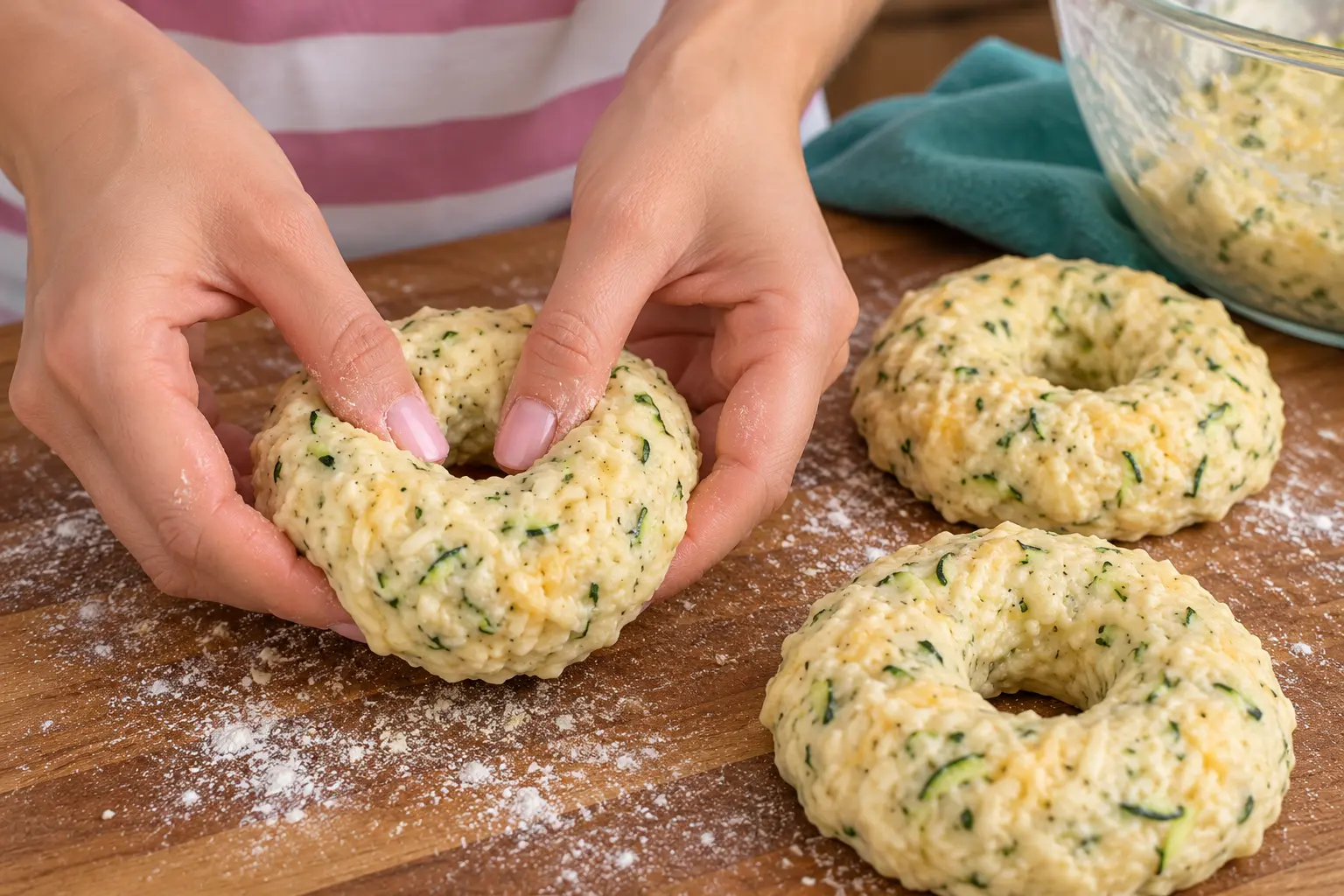 Hands shaping soft zucchini and cheese dough into bagel rings