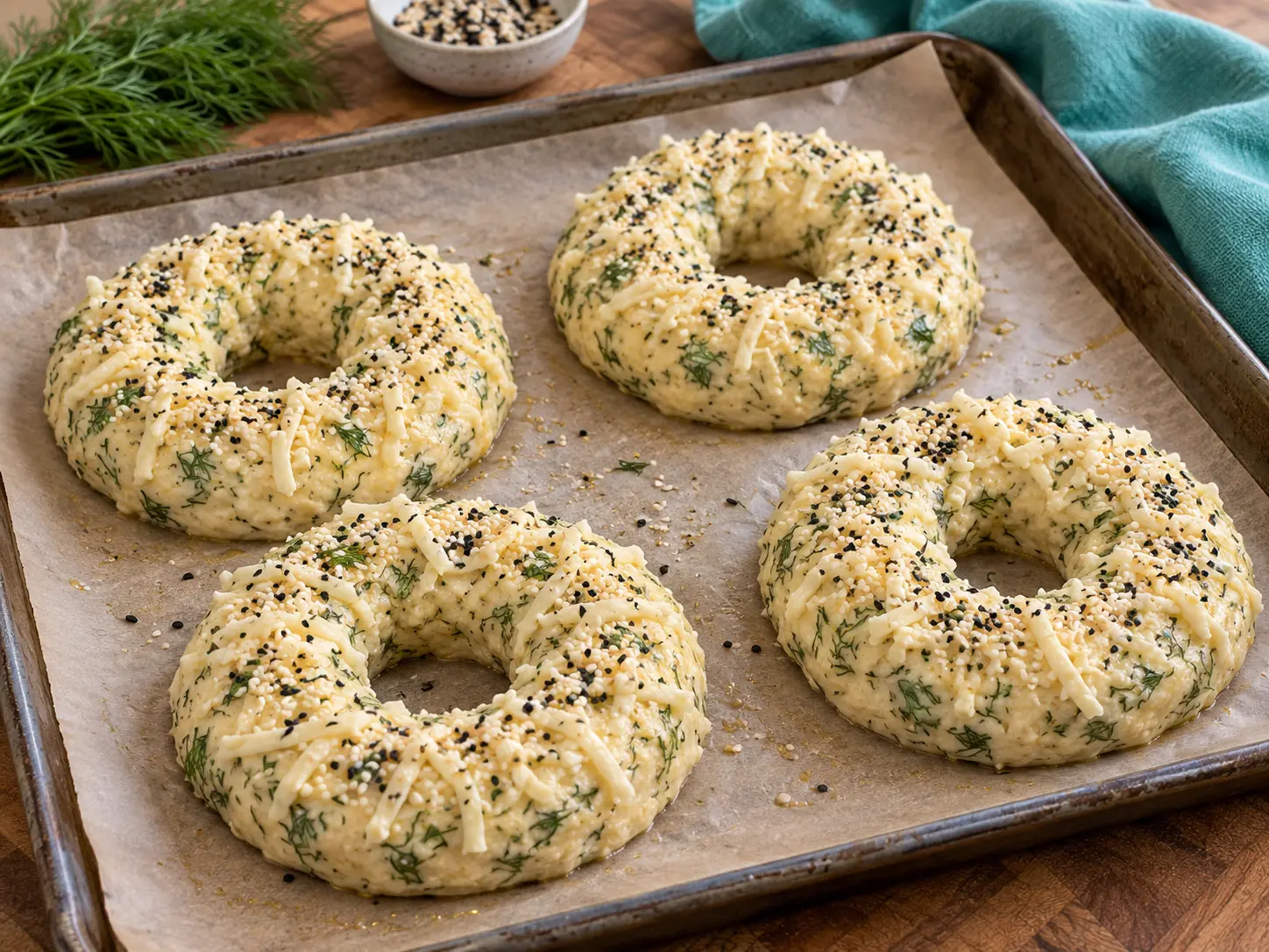 Four dill bagel bread rings topped with mozzarella and sesame before baking