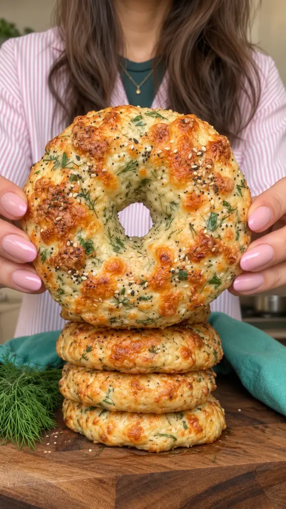 Golden cottage cheese dill bagel bread with melted cheese and sesame seeds held above a stack