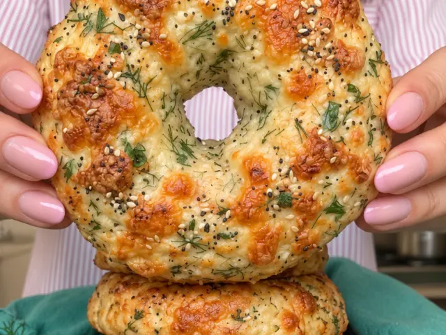 Golden cottage cheese dill bagel bread with melted cheese and sesame seeds held above a stack