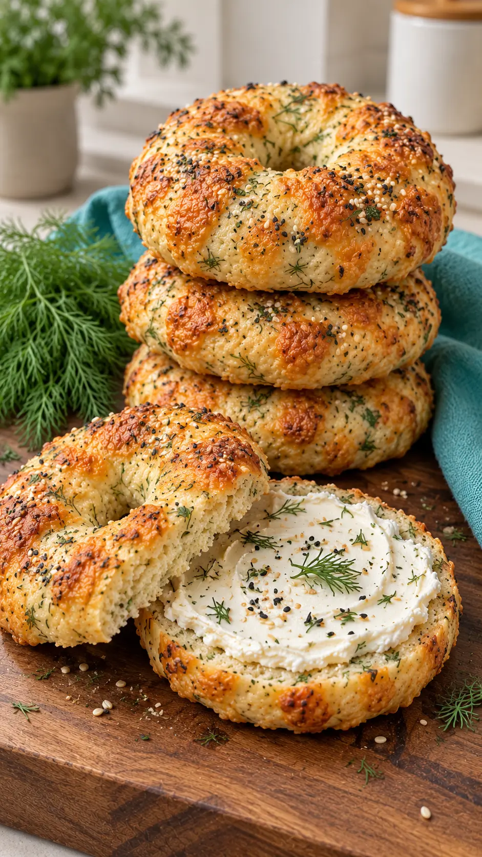 Golden dill cheese bagel breads with a split bagel and cream cheese
