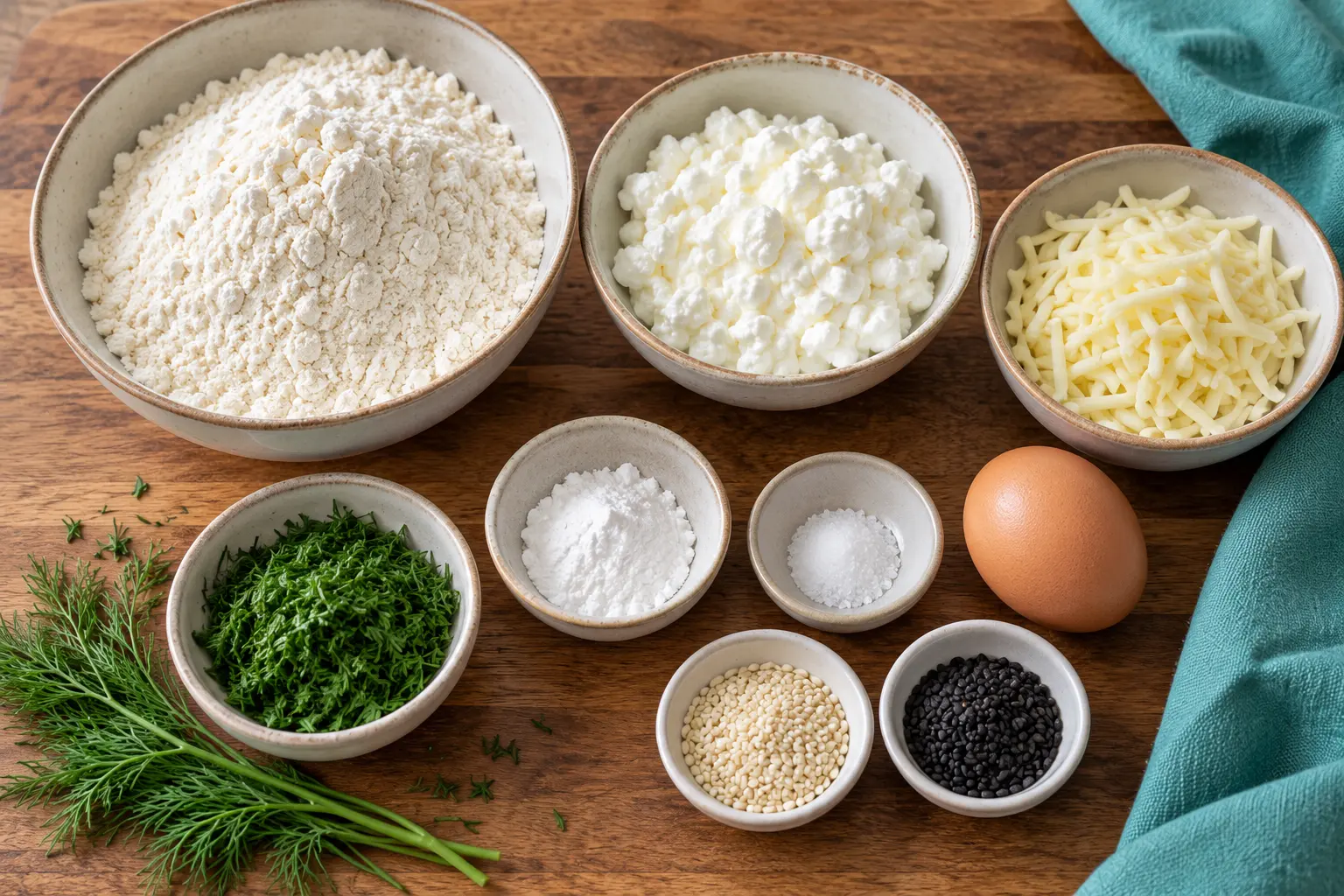 Cottage cheese, flour, dill, mozzarella, baking powder, egg, and sesame seeds