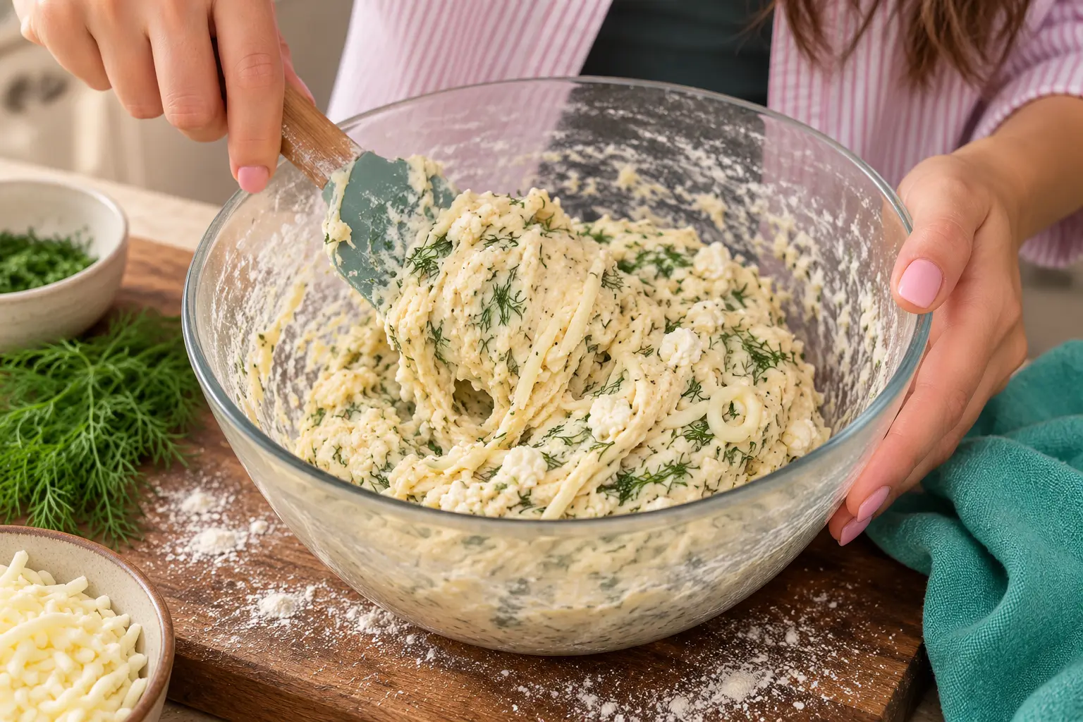 Soft cottage cheese bagel dough mixed with fresh dill and mozzarella