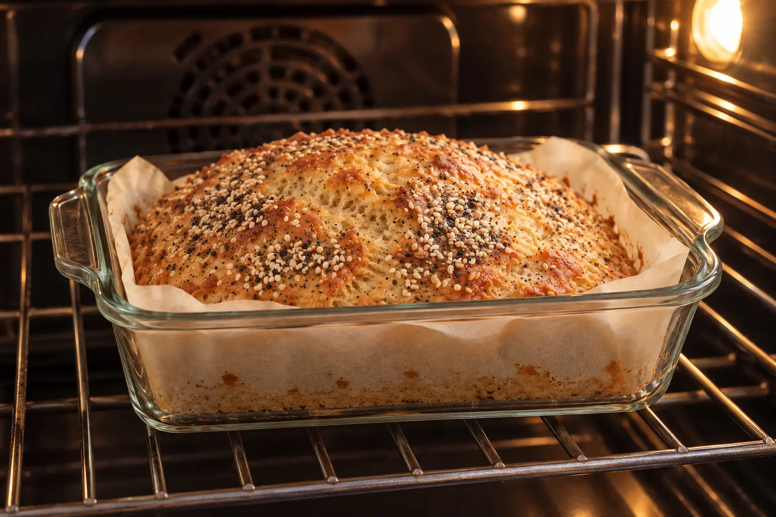 Cottage cheese everything bagel bread baking on an oven rack
