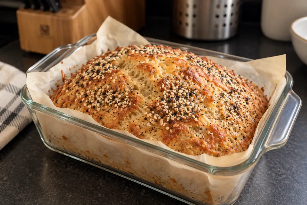 Golden cottage cheese loaf with everything seasoning and optional cheese topping in a glass pan