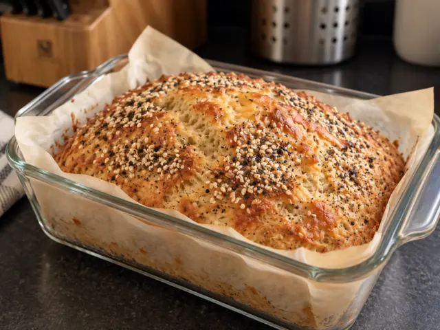 Golden cottage cheese loaf with everything seasoning and optional cheese topping in a glass pan