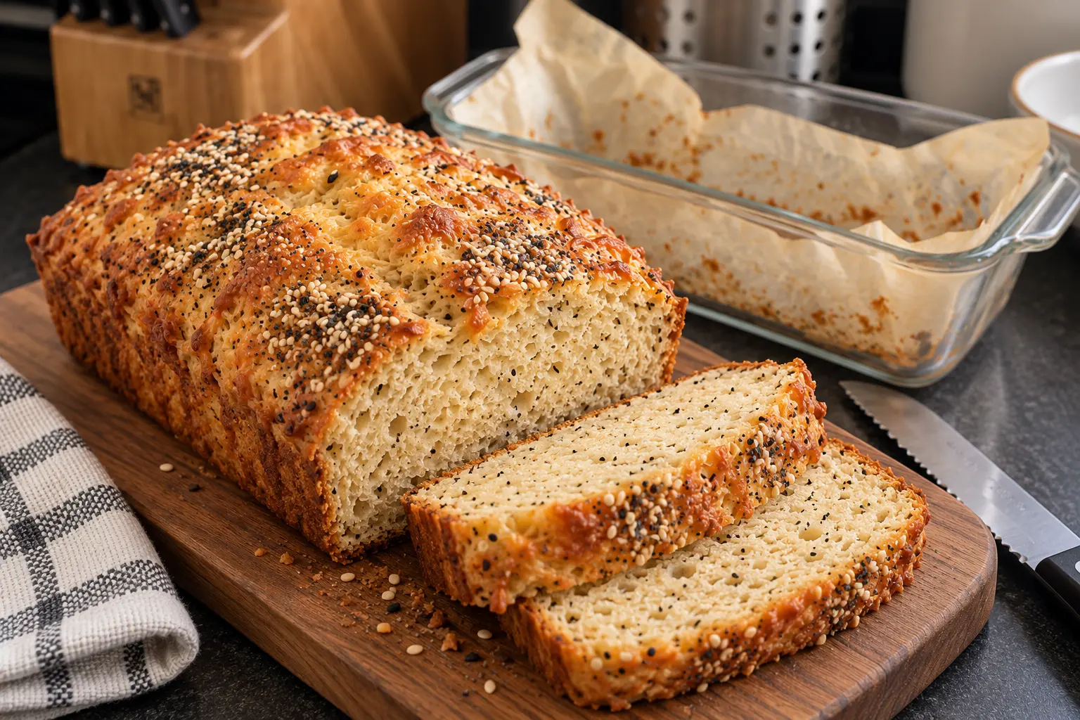 Sliced savory cottage cheese bread with fine crumb and a seeded golden cheese crust