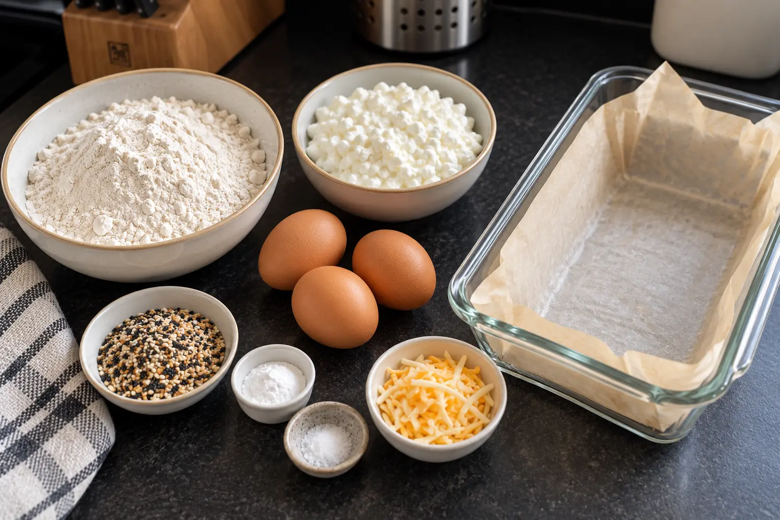 Flour cottage cheese three eggs baking powder salt everything seasoning and optional shredded cheese