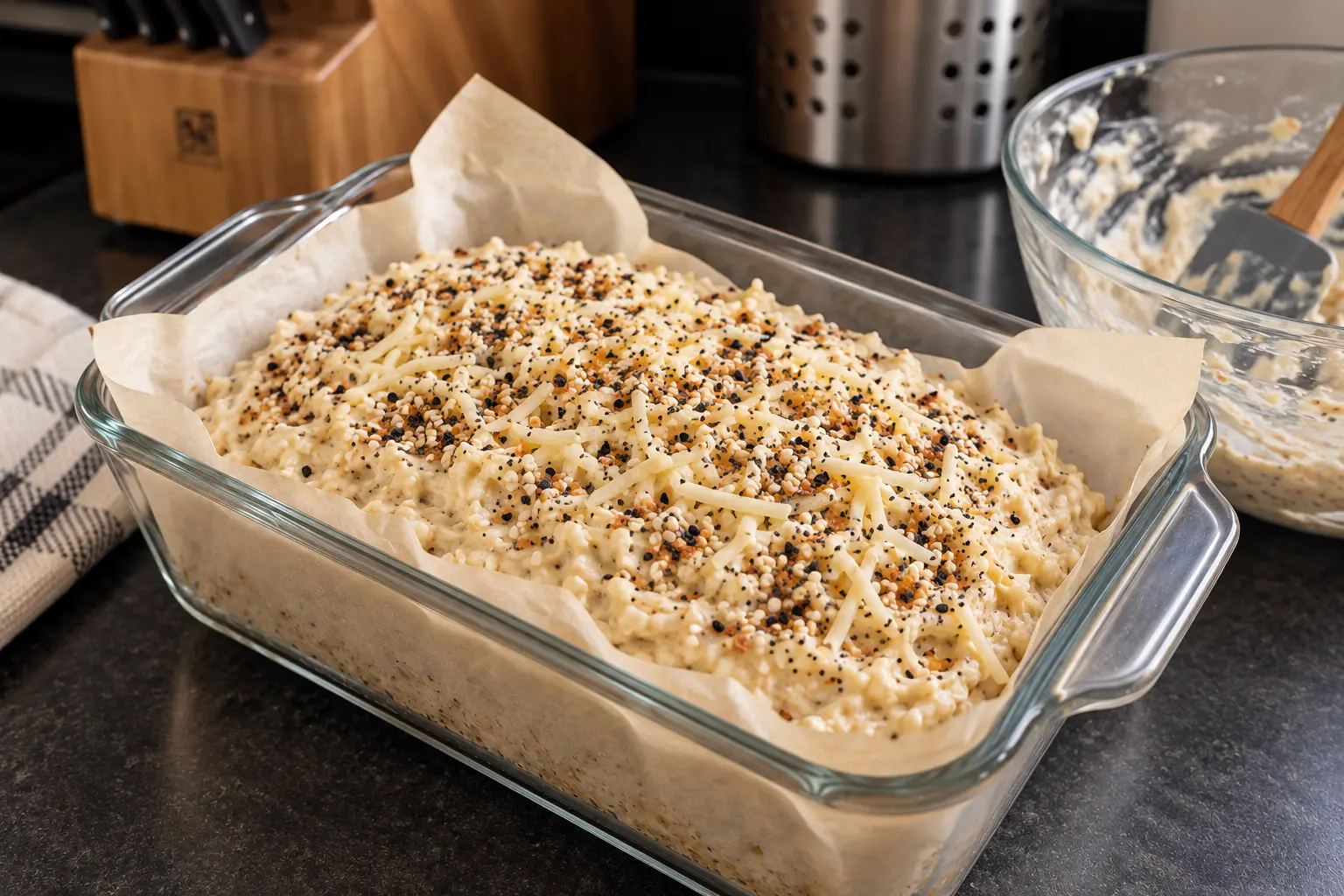 Unbaked cottage cheese bread batter with cheese and everything seasoning in a lined glass loaf pan