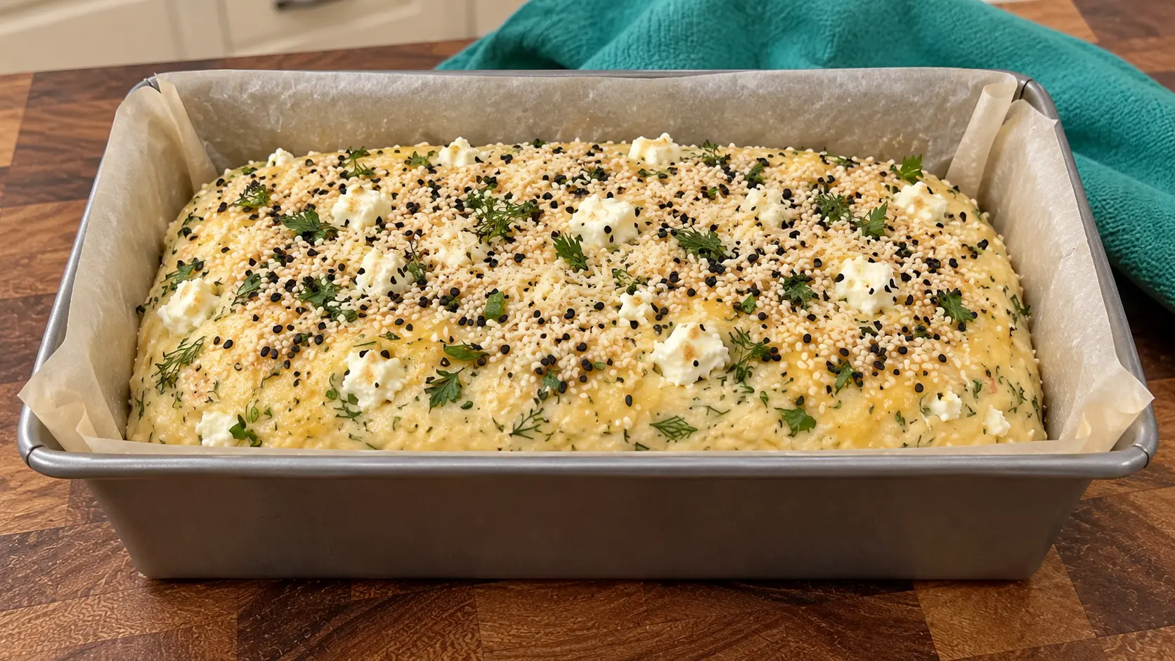 Herb loaf batter topped with feta, Parmesan, and sesame seeds in a parchment-lined pan