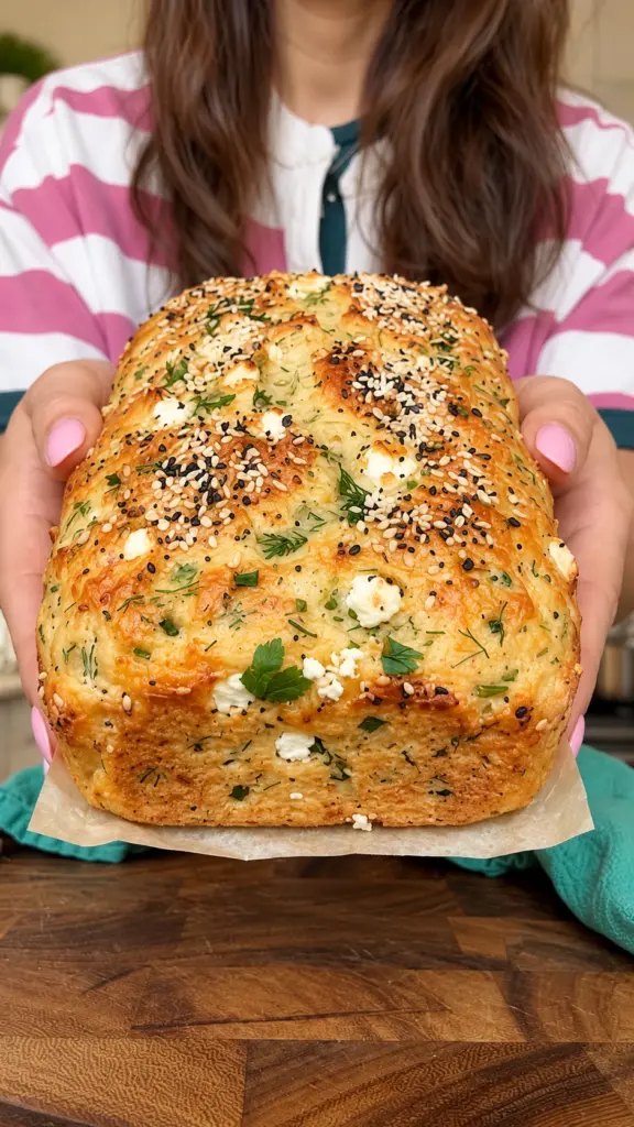 Golden cottage cheese feta herb loaf with sesame crust held over a wooden board